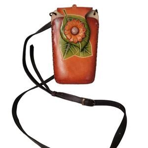 Hand Tooled Leather Floral Accent Embossed Crossbody PURSE